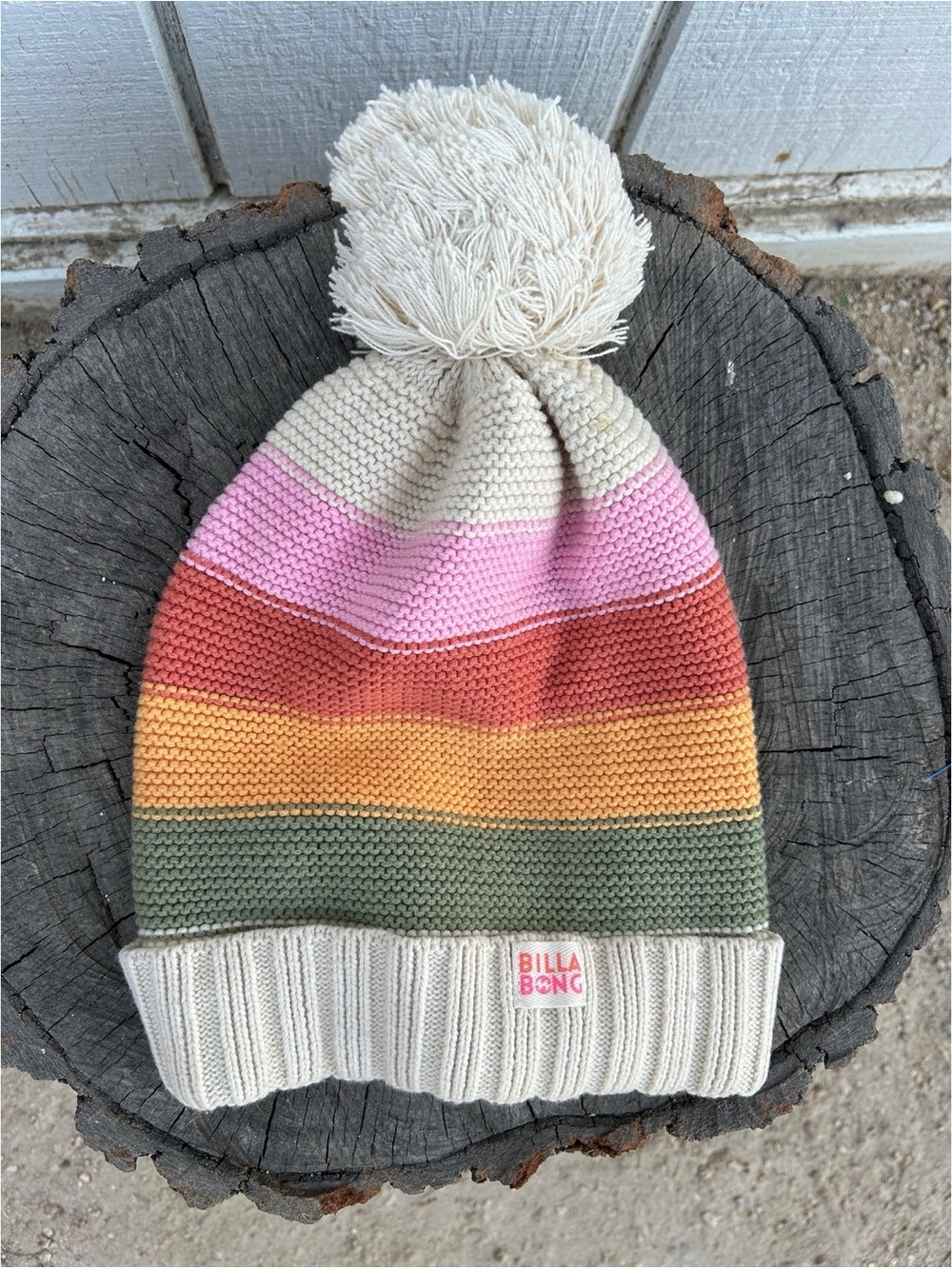 Billabong Kids Cream Pom Beanie with Pink, Rust, Yellow & Olive Stripes